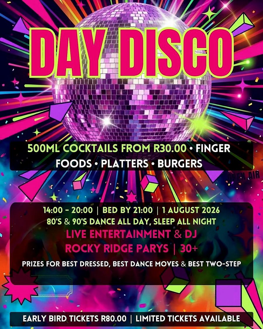 Day Disco poster: 80s and 90s dance all day, cocktails, live entertainment and DJ